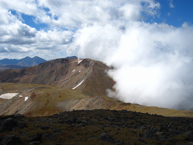 Clouds billowing up the west side of Mount Flora.