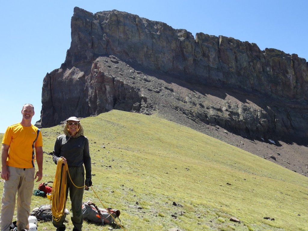 Roger Linfield [R] below the N Face of Coxcomb in 2012