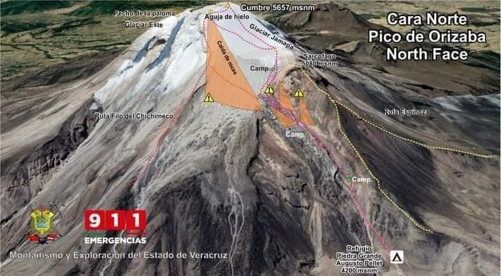 North face rock fall and danger zones.